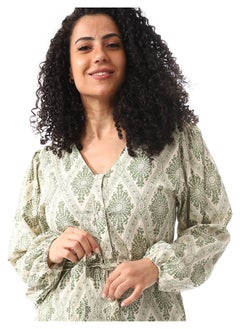 Andora Sage Green & White Long Belted Casual Dress_Sage Green & White  - Image 3