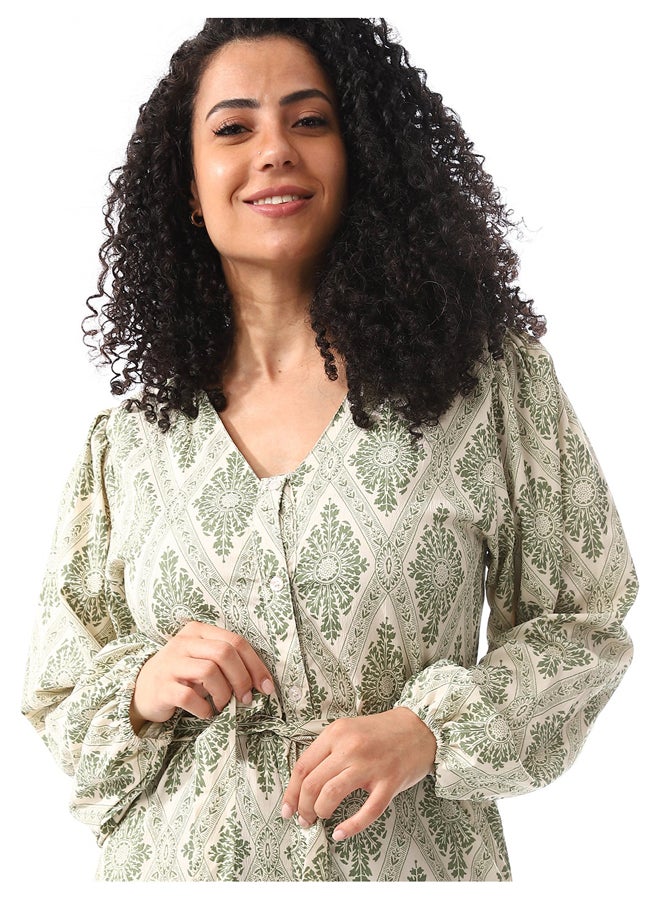 Andora Sage Green & White Long Belted Casual Dress_Sage Green & White - Image 3
