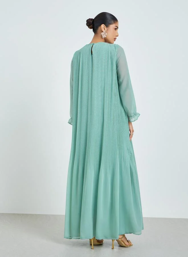 Amirah Green Green Plisse Lace Detail Jalabiya for Women | Best Price UAE