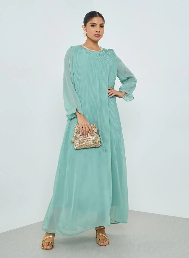 Green Plisse Lace Detail Jalabiya