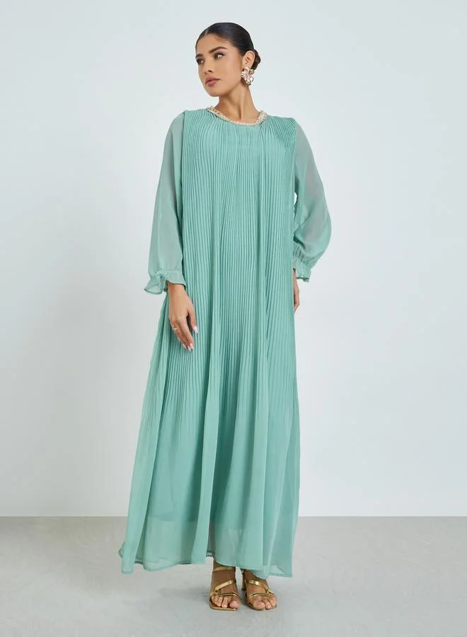 Amirah Green Green Plisse Lace Detail Jalabiya for Women | Best Price UAE
