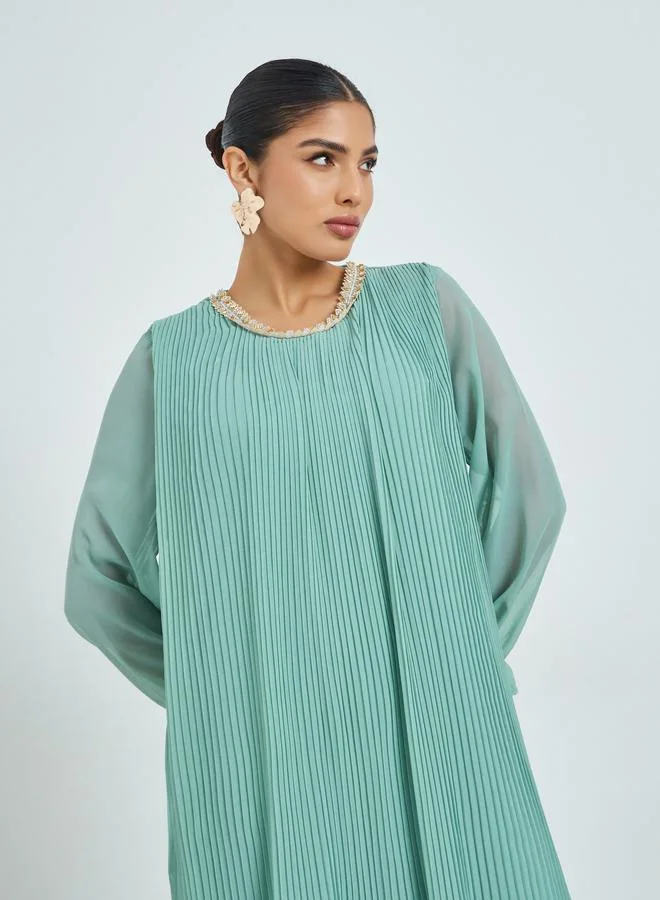 Amirah Green Plisse Lace Detail Jalabiya