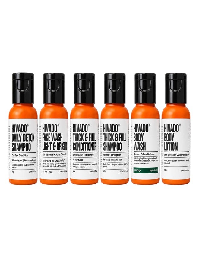 HIVADO Men's Travel Trial Kit | Body Wash, Face Wash, Body Lotion, Daily detox Shampoo, Thick & Full Shampoo & Conditioner | Mini Travel Size Set in Pouch | Sulfate & Paraben Free - Image 1