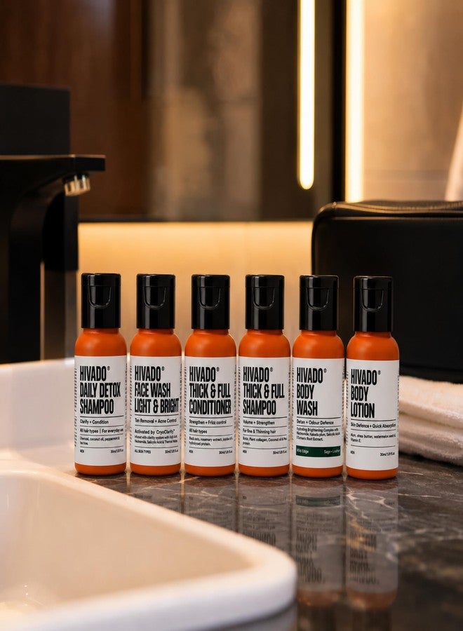 HIVADO Men's Travel Trial Kit | Body Wash, Face Wash, Body Lotion, Daily detox Shampoo, Thick & Full Shampoo & Conditioner | Mini Travel Size Set in Pouch | Sulfate & Paraben Free - Image 2