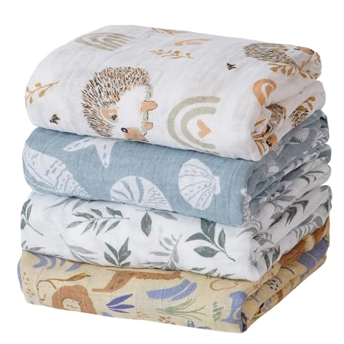 CoolaPeach 4 Set Muslin Swaddle Blankets for Newborn Baby Boys GirlsReceiving BlanketsCute Soft Print Baby Towel Wrap 120x110cm Baby Animal - Image 1