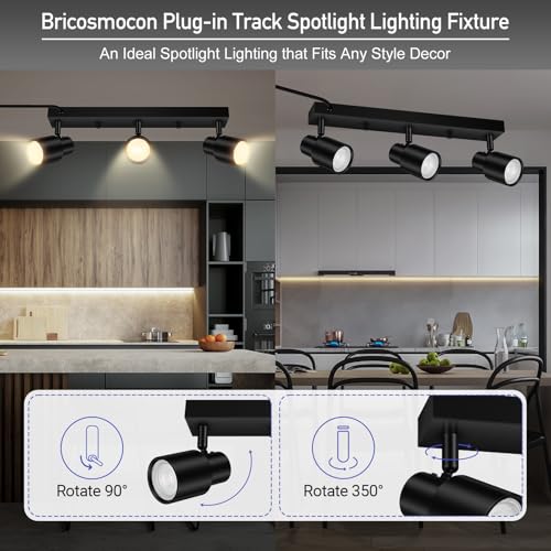 Bricosmocon إضاءة مسار قابلة للتوصيل LED، تركيبات إضاءة مسار للسقف، أضواء حائط قابلة للتوصيل باللون الأسود مع سلك بطول 14.8 قدم، كشاف سقف ثلاثي الاتجاهات للمطبخ، رأس ضوء قابل للدوران لغرفة النوم والممر (مقبس GU10، بدون لمبة) - Image 4