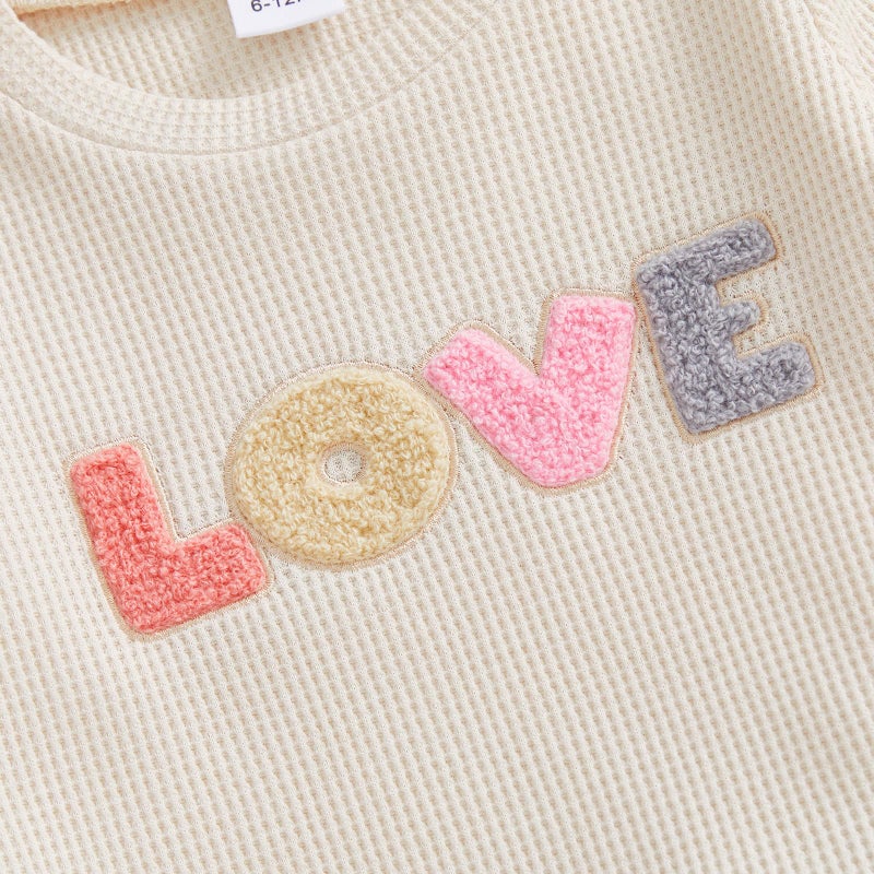 Socutebabe Baby Girl Clothes Newborn Infant Fall Winter Outfits Love Embroidery Long Sleeve Waffle Knit Sweatshirts Pants Set (love-Waffle Knit-Apricot, 6-12 Months) - Image 3