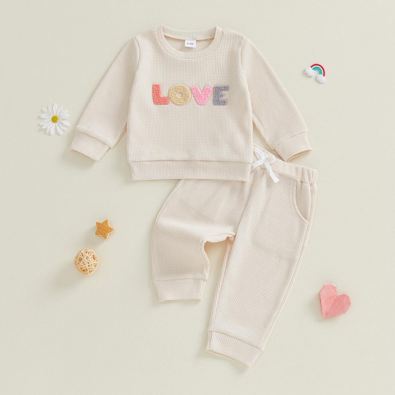 Socutebabe Baby Girl Clothes Newborn Infant Fall Winter Outfits Love Embroidery Long Sleeve Waffle Knit Sweatshirts Pants Set (love-Waffle Knit-Apricot, 6-12 Months) - Image 2