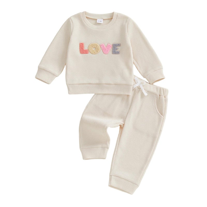 Socutebabe Baby Girl Clothes Newborn Infant Fall Winter Outfits Love Embroidery Long Sleeve Waffle Knit Sweatshirts Pants Set (love-Waffle Knit-Apricot, 6-12 Months) - Image 1