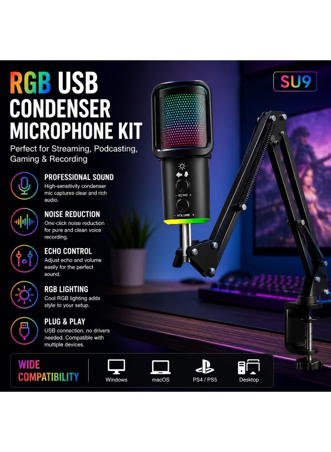SU9 USB RGB Condenser Microphone Kit with Boom Arm – Echo Control, Noise Reduction & Plug-and-Play for Streaming, Podcasting & Gaming - Image 3