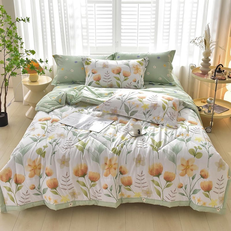 Quilted Bedspread for Single Double Size, 180x200cm Green Floral Printed Pattern Bedding Coverlets Lightweight Summer Bed Throws Comforter Soft Luxury Sofa Blanket for All Season - Image 2