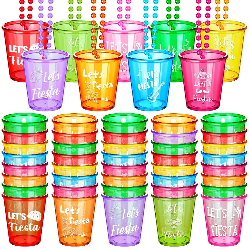 27 Pcs Lets Fiesta Shot Glass Necklaces Cinco De Mayo Shot Glass on Beaded Necklace Fun Plastic Shot Glasses Mexican Shot Cups Necklaces for Fiesta Party Favors Bachelorette Party Supplies 9 Colors