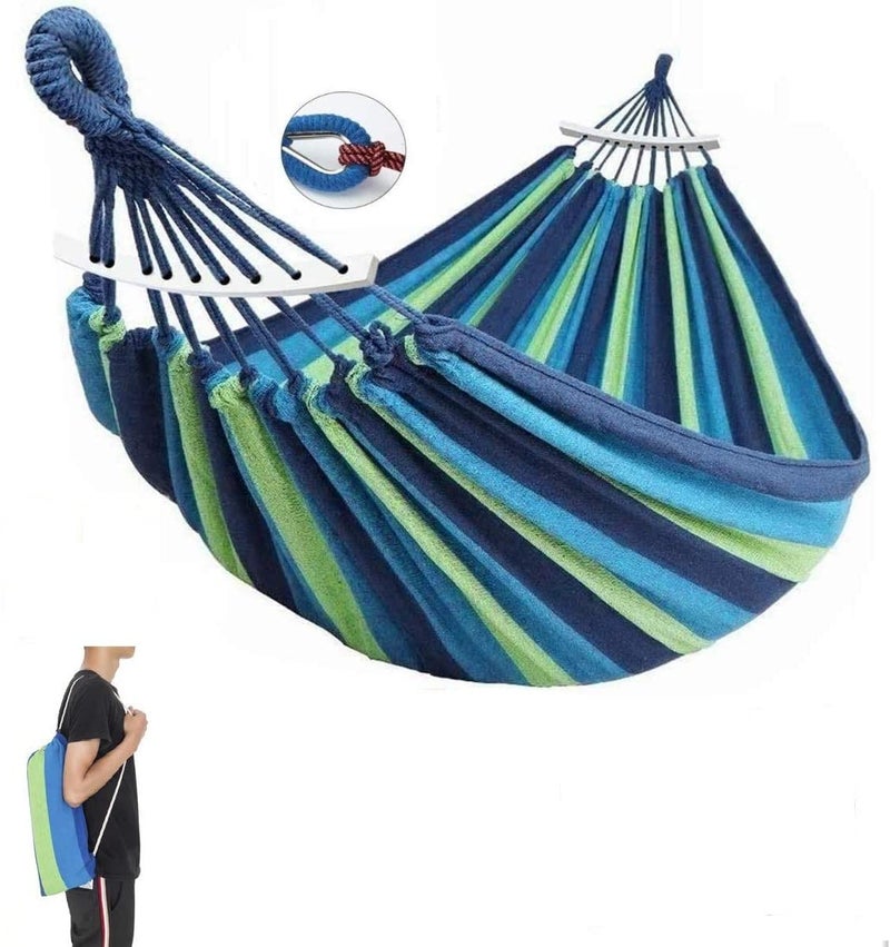 TASKHOUSE Camping Hammock with Tree Straps Cotton Canvas Beach Swing Bed with Hardwood Spreader Bar for Backyard Porch Balcony Indoor or Outdoor Use Support to 280kg Wooden Blue - Image 1
