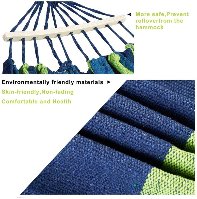TASKHOUSE Camping Hammock with Tree Straps Cotton Canvas Beach Swing Bed with Hardwood Spreader Bar for Backyard Porch Balcony Indoor or Outdoor Use Support to 280kg Wooden Blue - Image 3