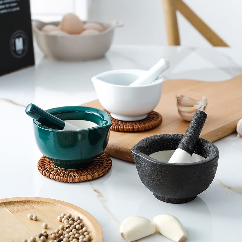 RchNow Porcelain Mortar and Pestle Spice Garlic Herb Grinder, Mixing Grinding Bowl Crusher Set, Restaurant Kitchen Tools-Black - Image 2