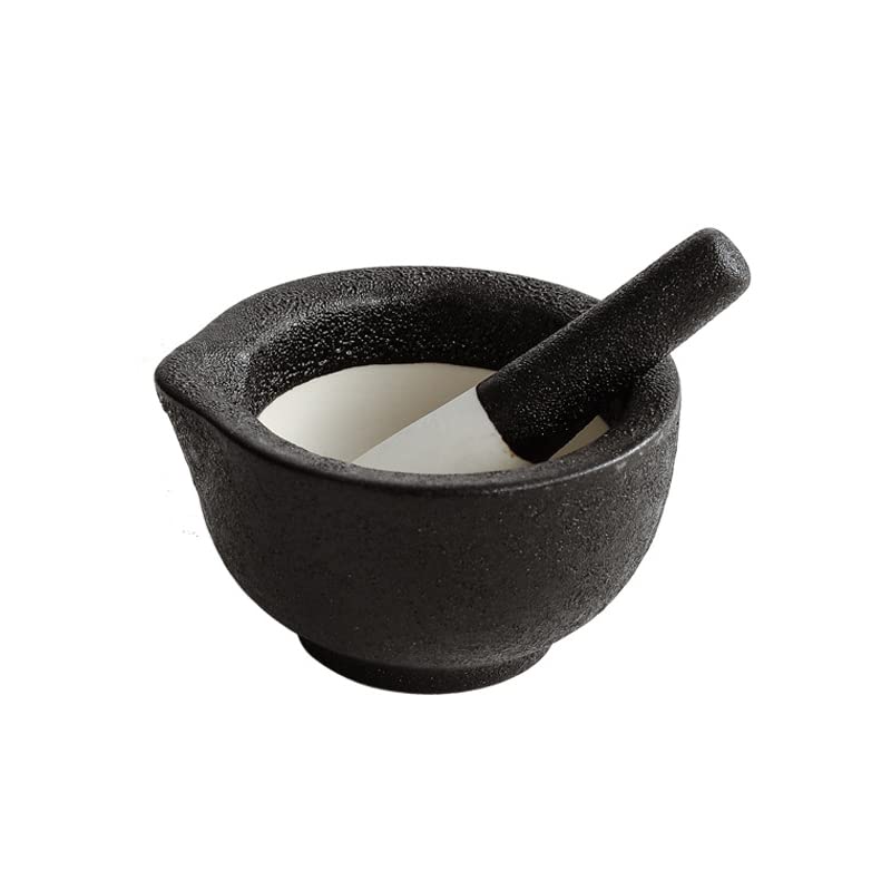RchNow Porcelain Mortar and Pestle Spice Garlic Herb Grinder, Mixing Grinding Bowl Crusher Set, Restaurant Kitchen Tools-Black - Image 1