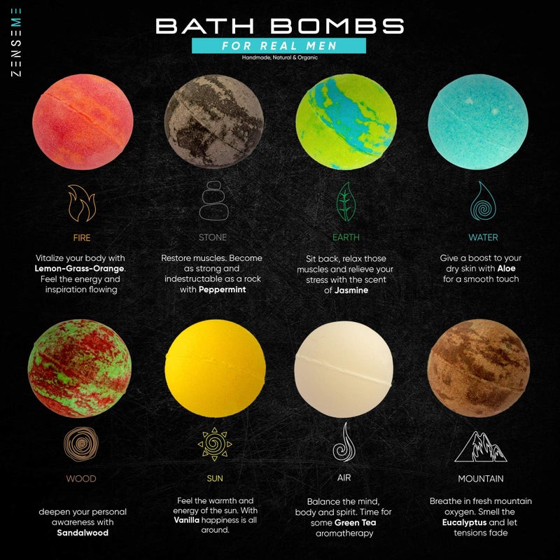 ZenseMe Bath Bombs for Men, Gift Set of 8 Scented Organic Handmade Bath Bombs of 2.5 oz with Natural Essential Oils for Boyfriend, Husband, Father or Friend, by ZenseMe - Image 2