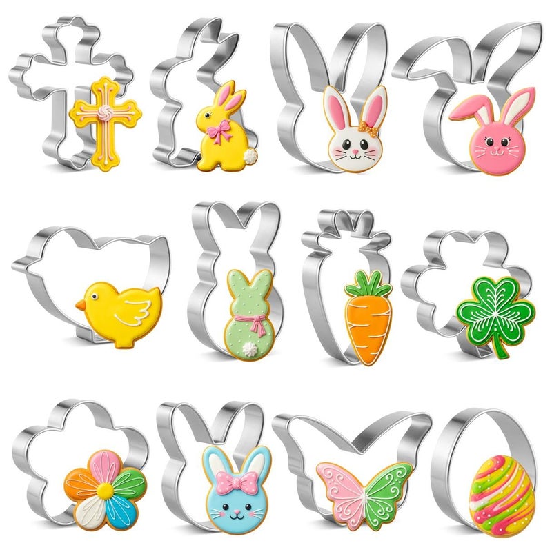 BOBIPRO Easter Cookie Cutter Set, 12 Pieces Easter Bunny Cookie Cutter Set for Baking - Carrot, Bunny Face, Leaf, Egg, Flower, Butterfly Shapes Holiday Themed Party Supplies - Image 1
