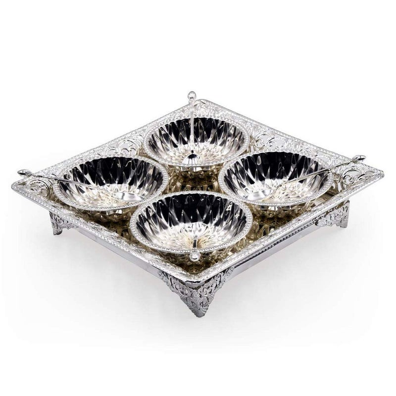 LOMESH Silver Plated rajwadi Tray with 4 Bowl and 4 Spoon Pack of 1 - Image 1