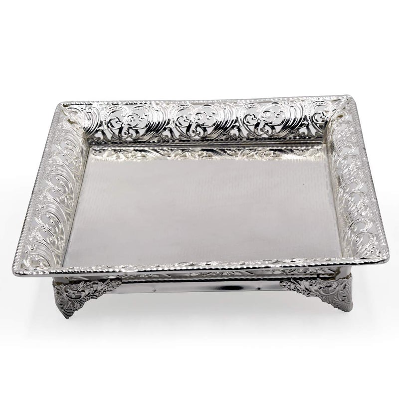 LOMESH Silver Plated rajwadi Tray with 4 Bowl and 4 Spoon Pack of 1 - Image 3