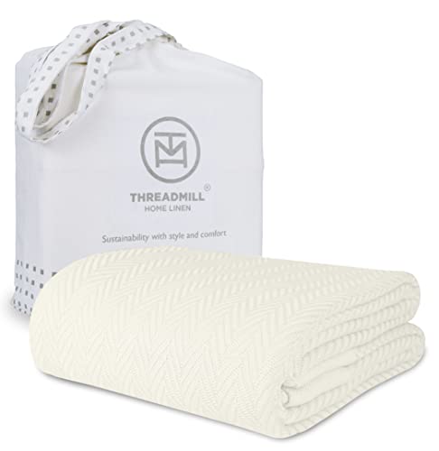 Threadmill Luxury Cotton Blankets for Queen Size Bed  AllSeason 100 Cotton Queen Size Blanket  Herringbone Cozy Soft Breathable Fall Thermal Blanket fits Full Size Bed  Tusk White