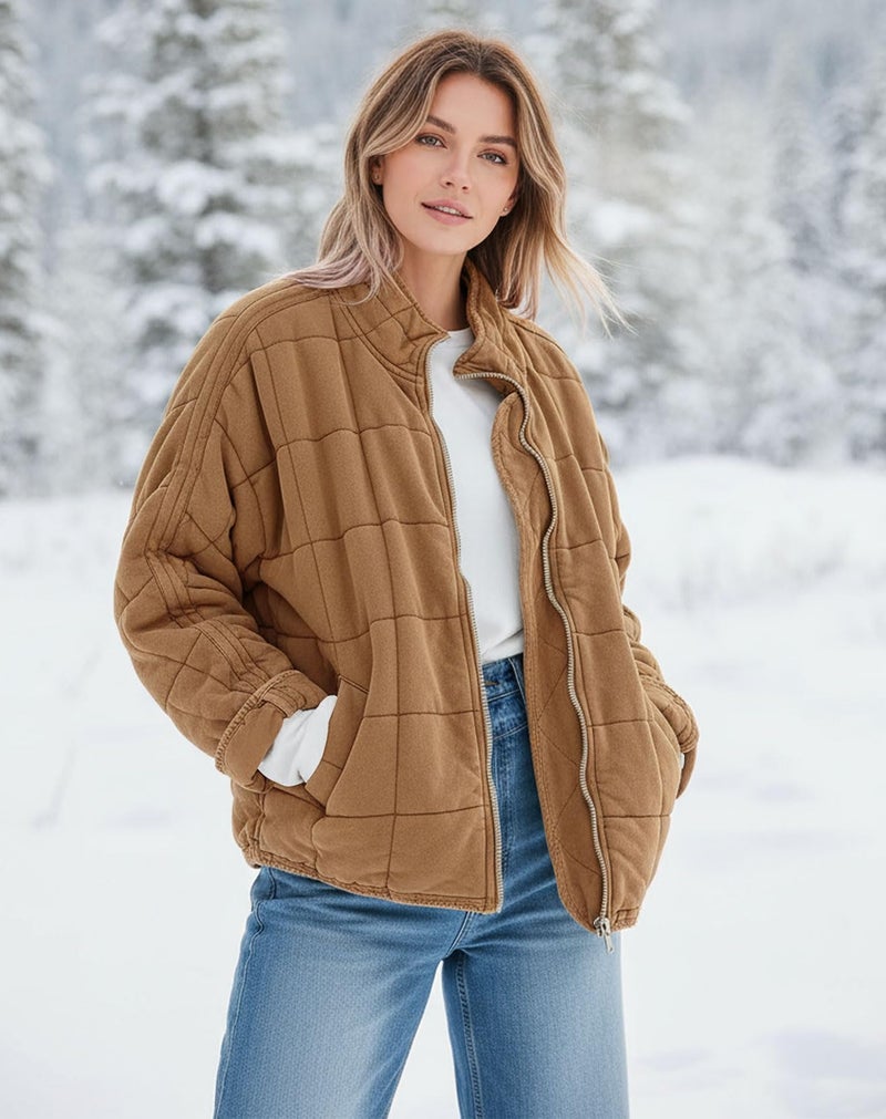 SAUKOLE Womens Double-sided Suede Quilted Jacket Full-Zip Lightweight Down Jackets Winter Bomber Coats Outwear - Image 3