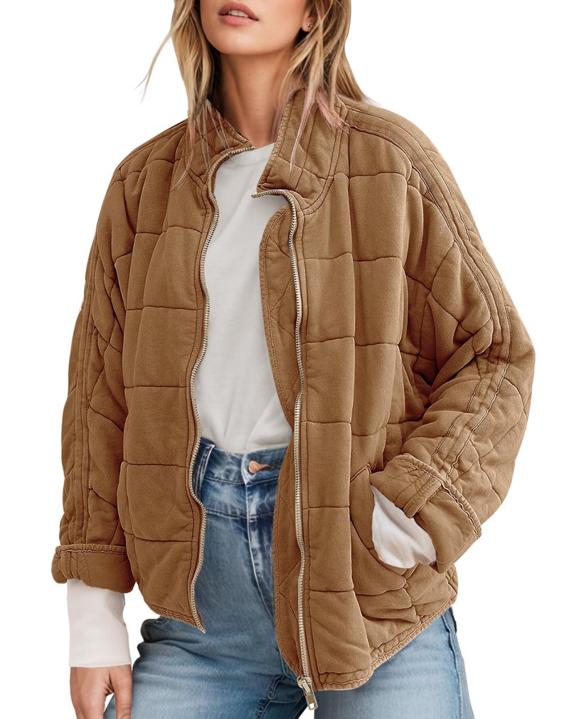 SAUKOLE Womens Double-sided Suede Quilted Jacket Full-Zip Lightweight Down Jackets Winter Bomber Coats Outwear - Image 1