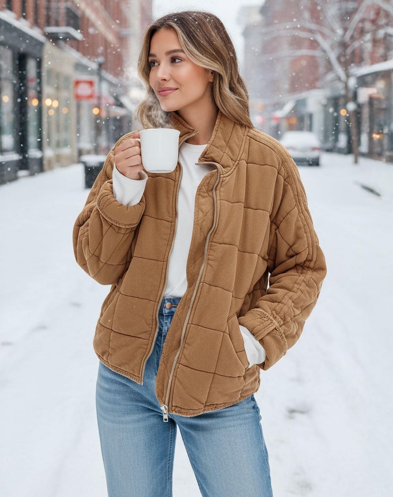 SAUKOLE Womens Double-sided Suede Quilted Jacket Full-Zip Lightweight Down Jackets Winter Bomber Coats Outwear - Image 2