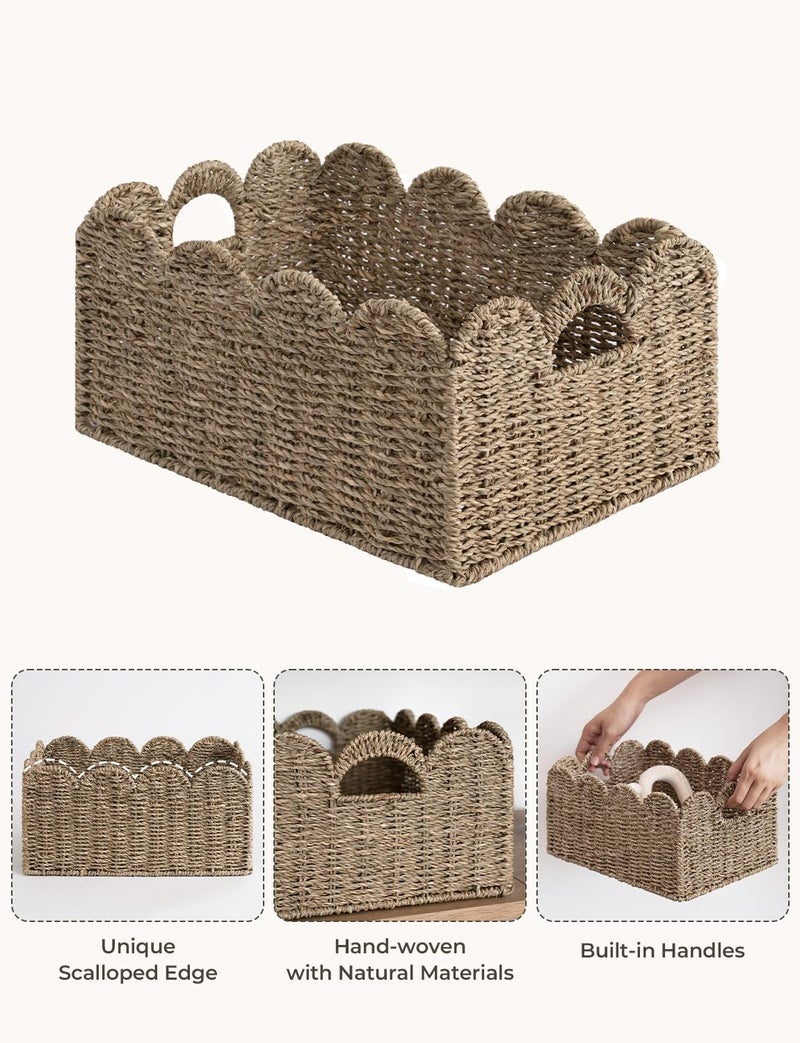 StorageWorks Scalloped Wicker Basket, Woven Baskets for Storage, Rattan Baskets with Handles, Paper Rope Basket for Organizing and Decor, 2 Pack - Image 4