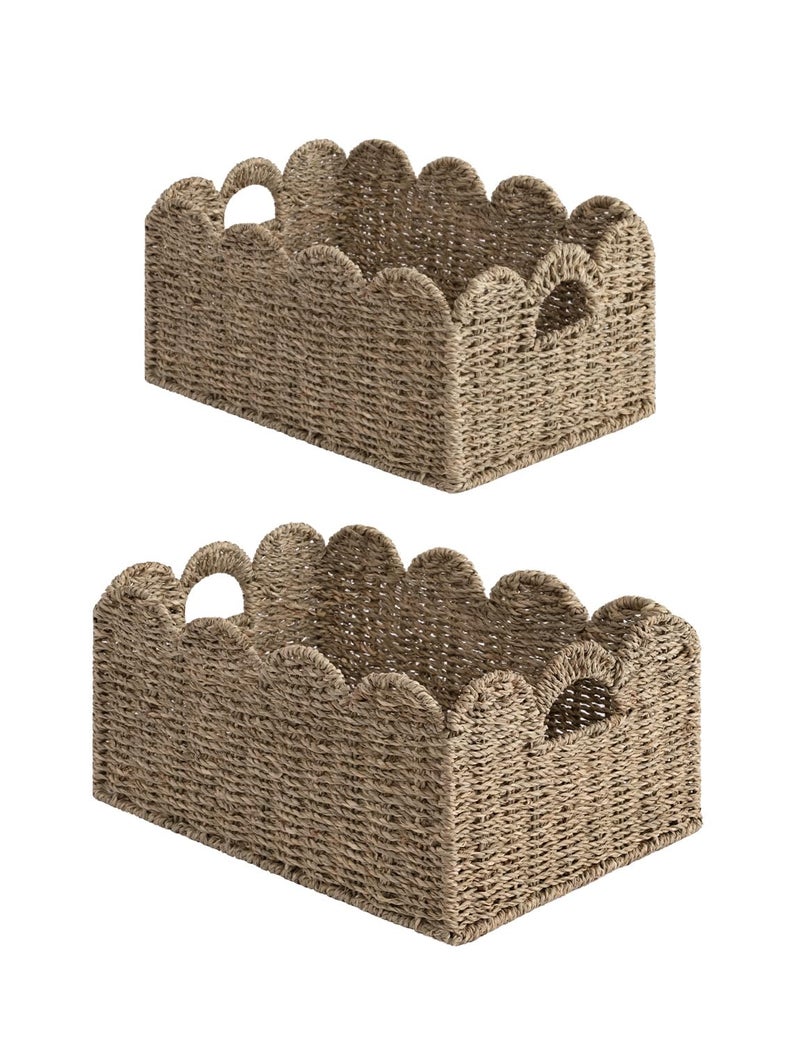 StorageWorks Scalloped Wicker Basket, Woven Baskets for Storage, Rattan Baskets with Handles, Paper Rope Basket for Organizing and Decor, 2 Pack - Image 1