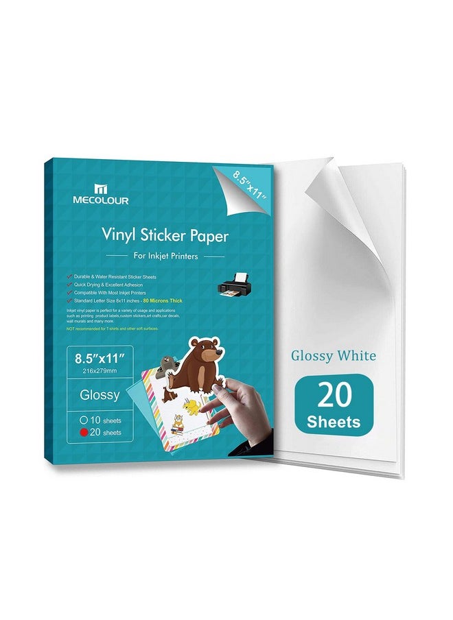 MECOLOUR - Printable Glossy Sticker Paper For Inkjet Printer & Laser Printer 8.5X11 White Inkjet Printable Vinyl Sticker Paper 20 Sheets - Image 1