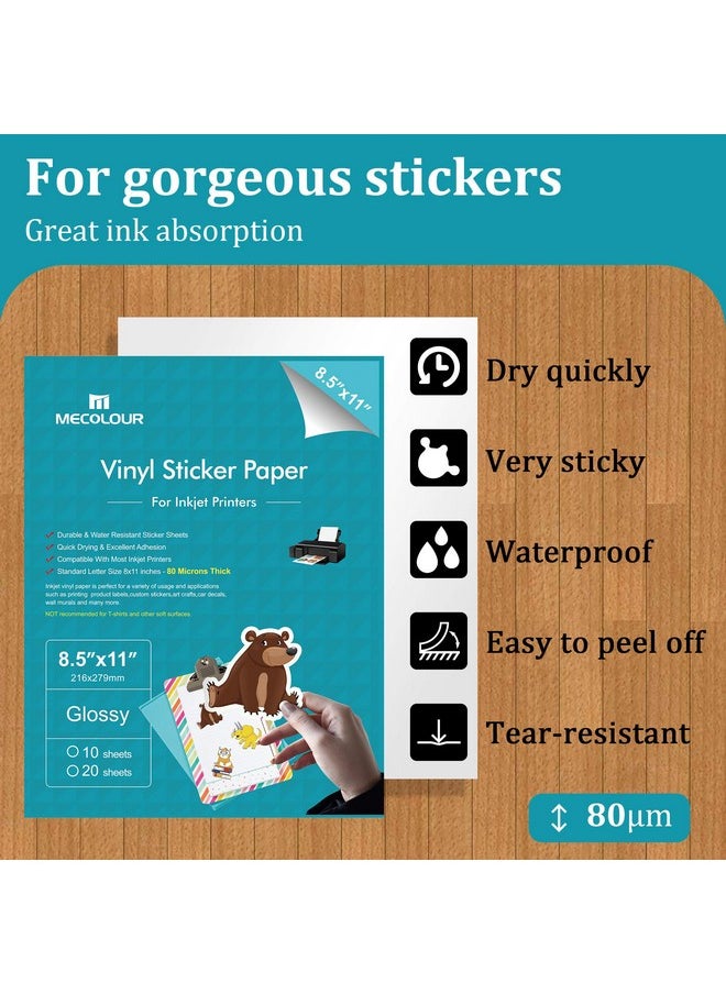 MECOLOUR - Printable Glossy Sticker Paper For Inkjet Printer & Laser Printer 8.5X11 White Inkjet Printable Vinyl Sticker Paper 20 Sheets - Image 1