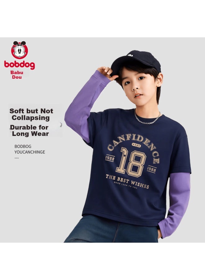 Bobdog Boys' Long Sleeve T-shirt 7a Antibacterial 95% Cotton Spring Autumn Top Fake Two-piece Kids Clothing - Image 1
