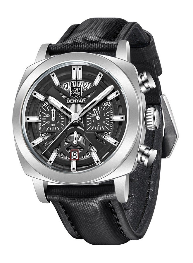 BENYAR Watches for Men Luxury Quartz Water Resistant Watch Men's Chronograph Genuine Leather Strap 5205 Black  - Image 1