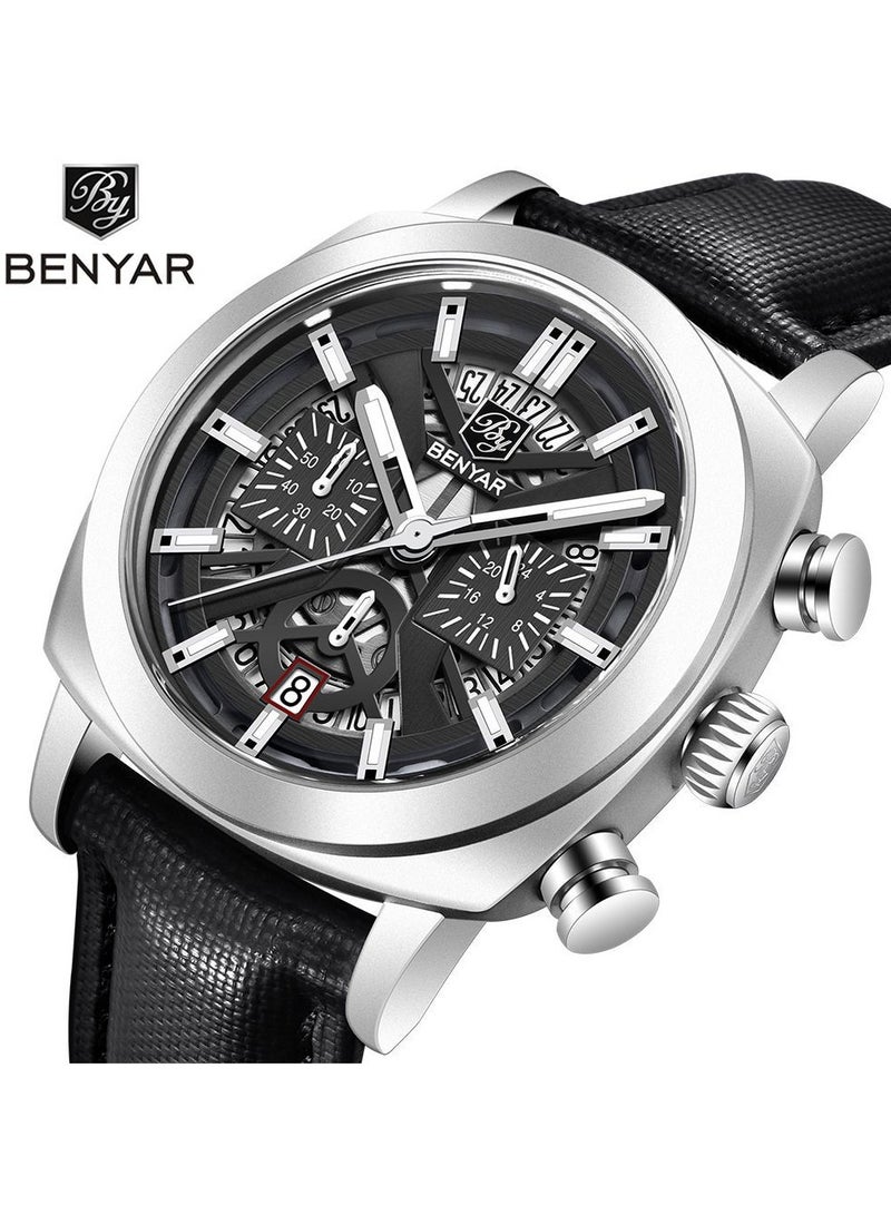 BENYAR Watches for Men Luxury Quartz Water Resistant Watch Men's Chronograph Genuine Leather Strap 5205 Black  - Image 2