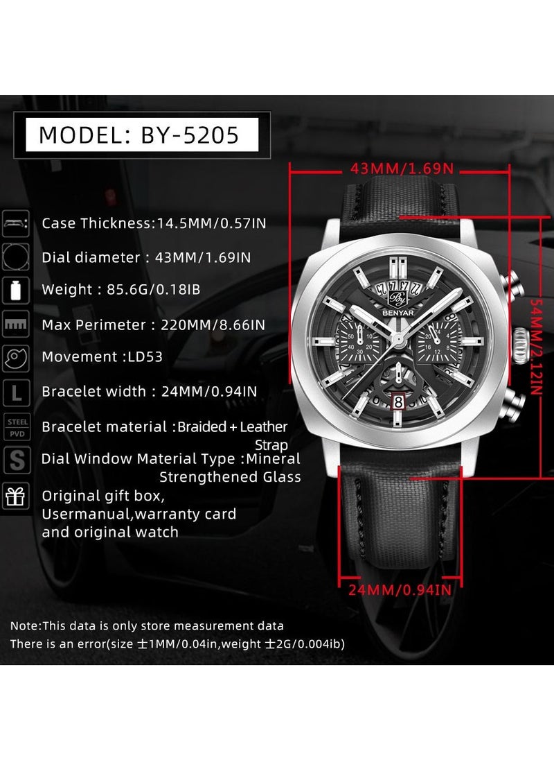 Watches for Men Luxury Quartz Water Resistant Watch Men's Chronograph Genuine Leather Strap 5205 Black - pzsku/ZEE0370CD1F536C6F15E4Z/45/_/1735890093/774dde0b-0fe5-47d5-a210-de5b3497ce38