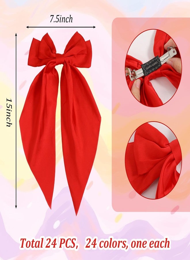 Caeuiciw 24 Pcs Satin Hair Bows Bulk Silky Big Hair Bows for Women Oversized Long Tail Ribbons Large Knot Clips Barrettes for Holiday Gifts(Plain) - Image 2
