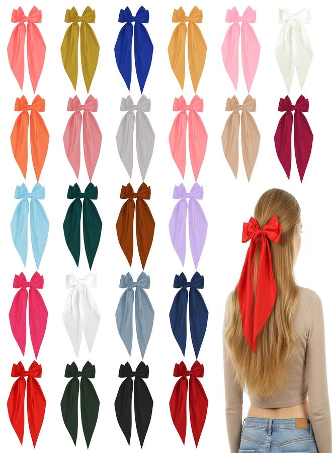 Caeuiciw 24 Pcs Satin Hair Bows Bulk Silky Big Hair Bows for Women Oversized Long Tail Ribbons Large Knot Clips Barrettes for Holiday Gifts(Plain) - Image 1