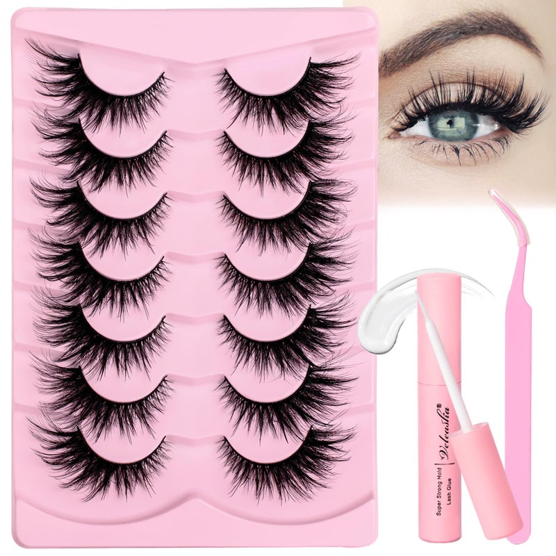 Veleasha Lashes Kit with Glue & Tweezer Cat Eye Lashes that Look Like Extensions Fluffy Faux Mink Lashes Wispy Lashes Natural Look 7 Pairs Fake Eyelashes Pack (Cat Eye) - Image 1