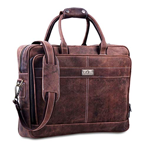 HULSH 18 Inch Leather Laptop Bag For Men, Genuine Leather Briefcase Business Bag, Vintage Handmade Messenger Satchel, and Brown Shoulder Bag for Office, Work, and Travel - Image 1
