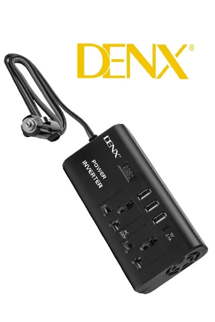 Denx Car Power Inverter, 12V to 220V, High Frequency Modified Sine Wave, 300W, Multi-Port, USB Port + Type-C Port, Plus Includes Battery Adapter - Image 2