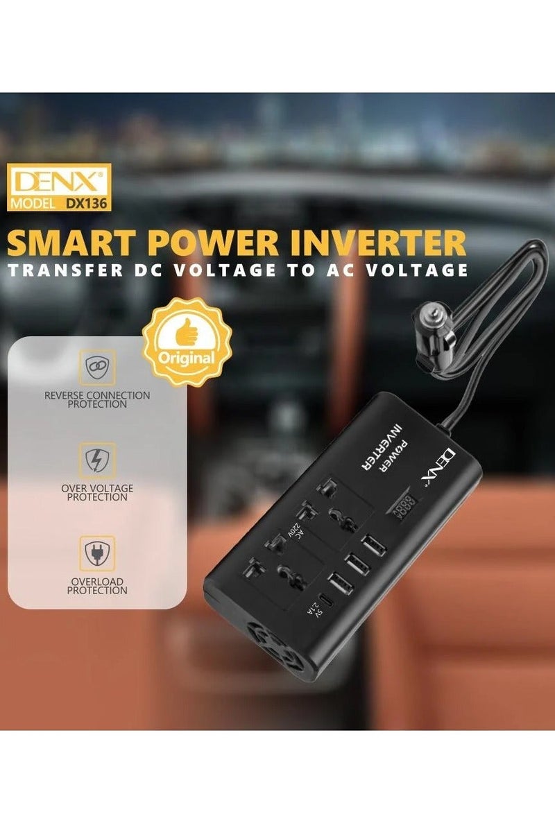 Denx Car Power Inverter, 12V to 220V, High Frequency Modified Sine Wave, 300W, Multi-Port, USB Port + Type-C Port, Plus Includes Battery Adapter - Image 1
