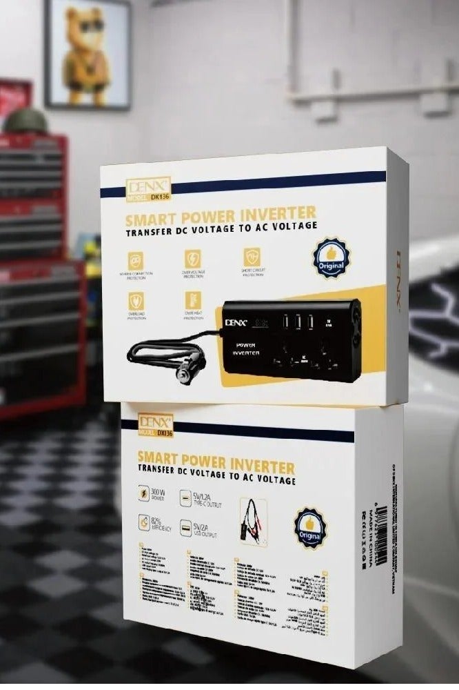 Denx Car Power Inverter, 12V to 220V, High Frequency Modified Sine Wave, 300W, Multi-Port, USB Port + Type-C Port, Plus Includes Battery Adapter - Image 5