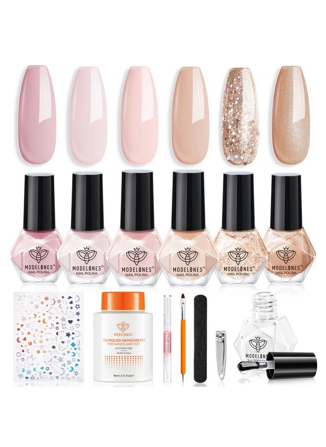 modelones - modelones Complete Nail Polish Set Brown Nude Pink Gold Glitter Shimmer Quick Dry Nail Lacquer Kit with Nail Remover Sticker Base&Top Coat, Light Pink 6 Colors DIY Home Manicure Gift for Women Girls - Image 1