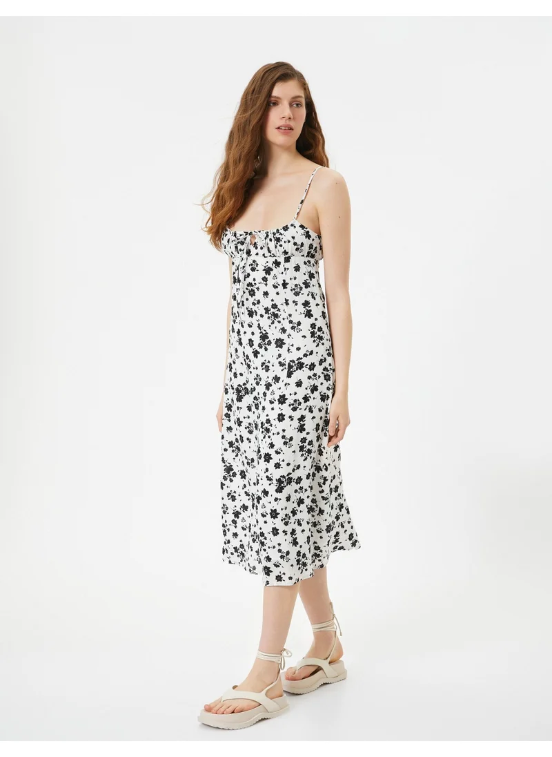 KOTON Long Dress Floral Thin Straps Tie Detail