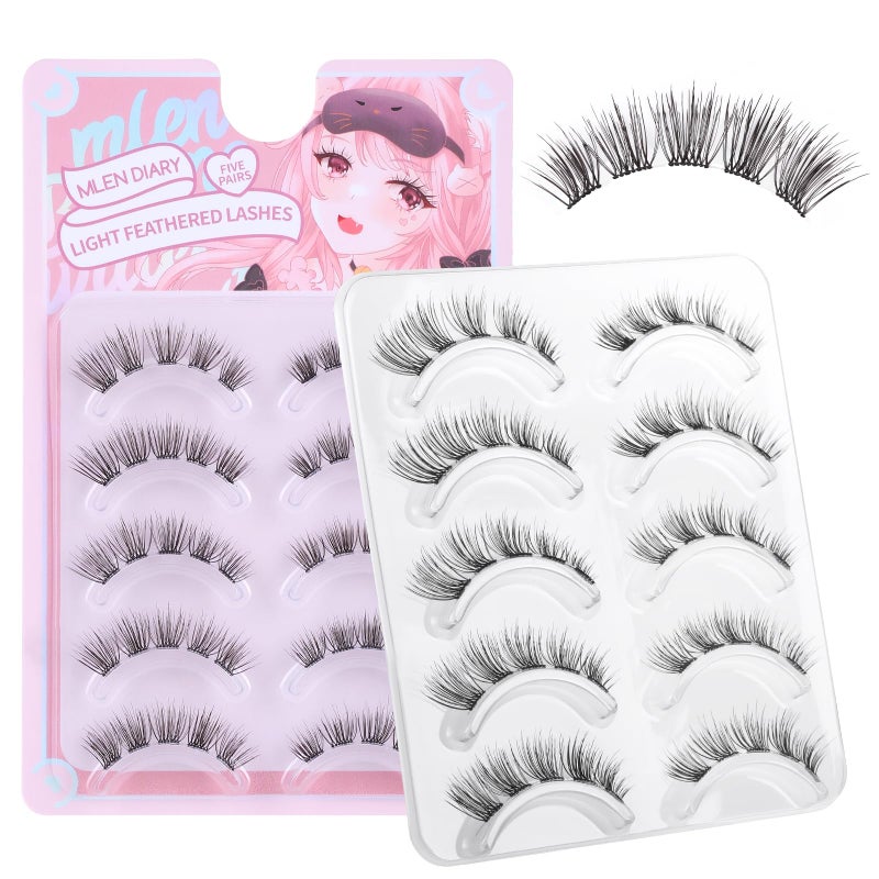 MLEN DIARY Natural Clear Band False Eyelashes Wispy Faux Mink Lashes Cat Eye 712mm D Curl Short Volume 5 Pairs Extension Strip Eyelashes Reusable Fake Eyelashes