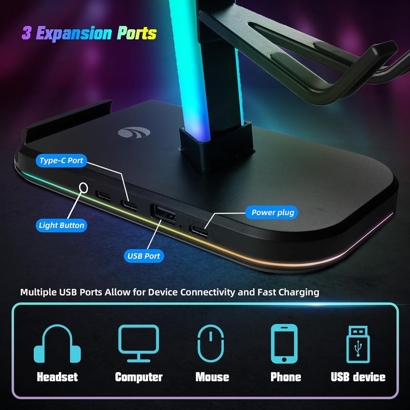 RGB Gaming Headset Stand with 2 USB Ports (US Black) - Image 4