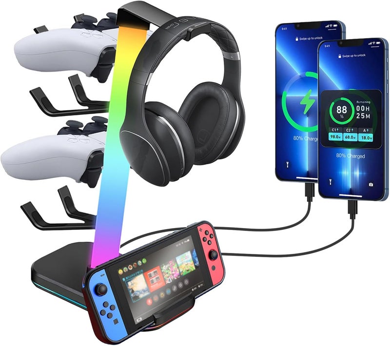 RGB Gaming Headset Stand with 2 USB Ports (US Black) - Image 1