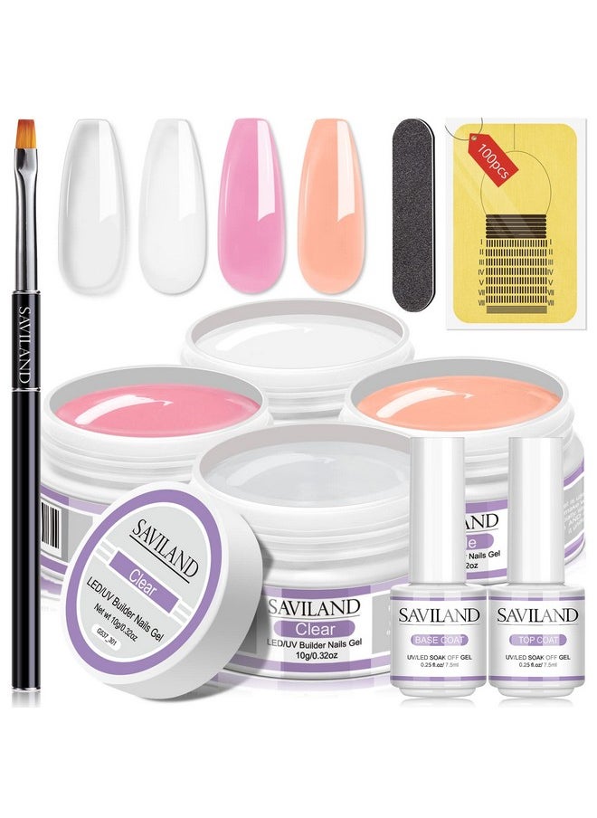 Saviland Builder Nail Gel Kit 4 Colors Clear Nudes White Pink Hard Gel For Nail Strengthen Nail Extension Gel Kit With 100Pcs Nail Forms And Acrylic Nail Brush For Beginners & Professionals  - Image 1