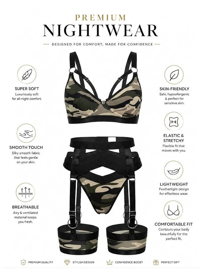 MARGOUN Women's 4-Piece Strappy Lingerie Set with Garter Belt, Underwire Strappy Bra, Cutout High-Waisted Cincher, Thong, and Thigh-High Stockings Exotic Underwear Ensemble - Camo Green - Image 2
